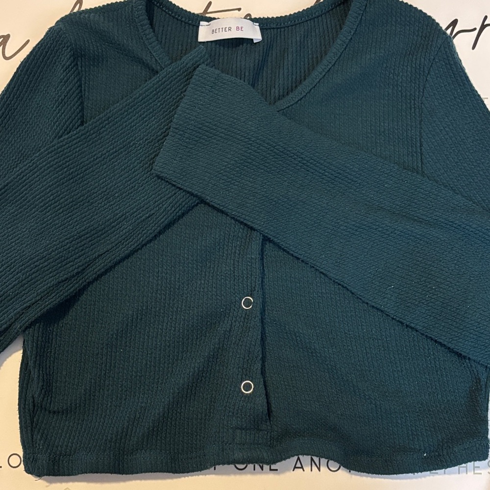Better Be Dark Teal Button Down Thermal Crop Top Long Sleeve